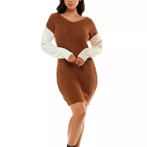 Crave Fame Juniors Colorblocked Reversible Sweater Dress Brown Cream NEW M - Picture 1 of 7